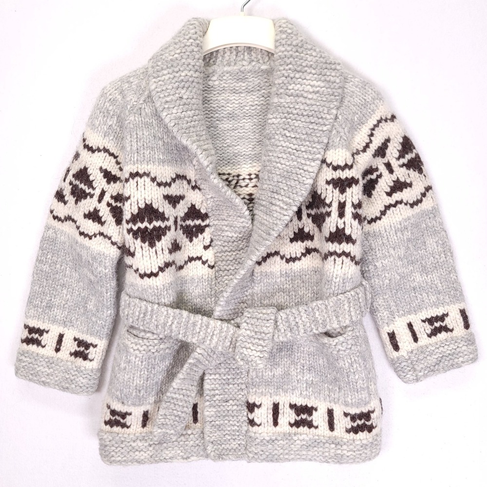 Handmade Wool Cowichan Cardigan Sweater Shawl Collar Belted Grey Geometric Women